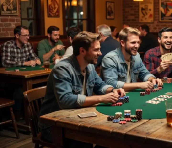 Offline Texas Hold'em poker asztalok egy hangulatos, félhomályos bisztró sarokban